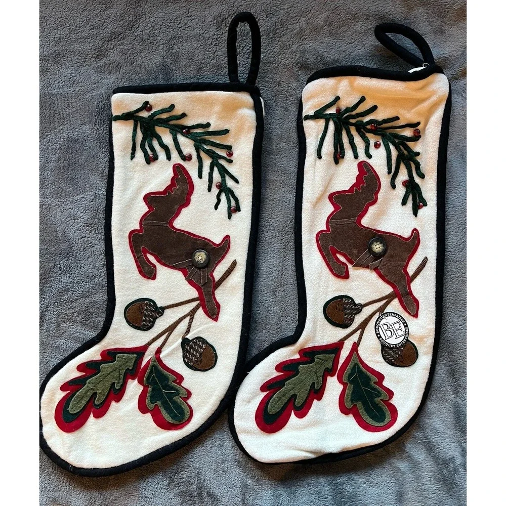Bouquet Enterprises Santa's Reindeer Applique Large Christmas Stocking Cream‎